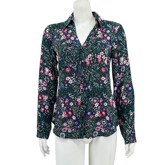 Express Top Women Small Black Dark Floral Portofino Slim Fit Sheer Romantic Work - Picture 1 of 9